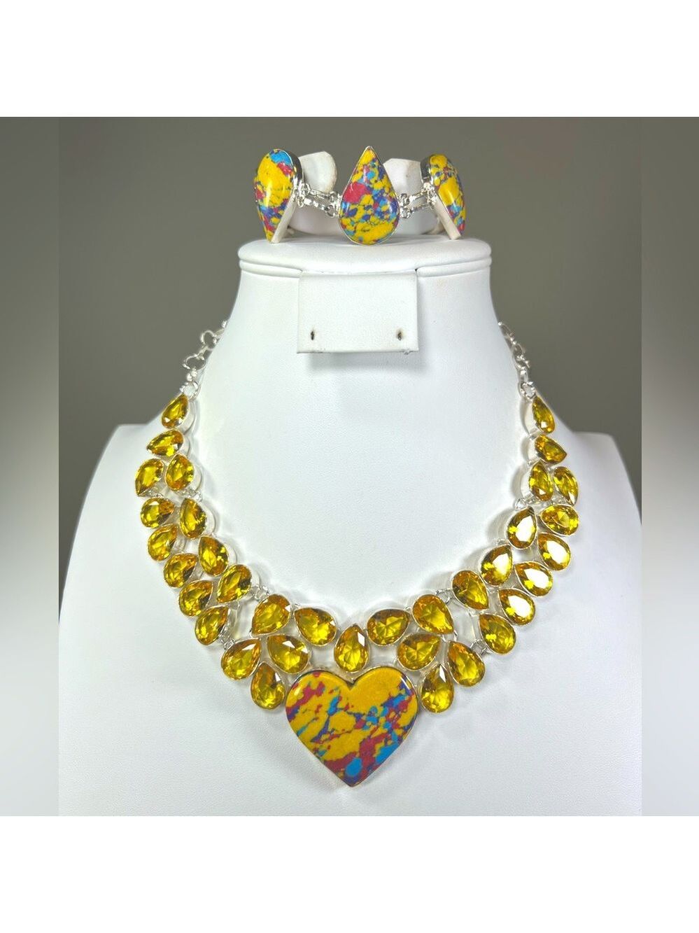 Mosaic Jasper 925 Large 💛 Heart Gemstone Necklace & Bracelet